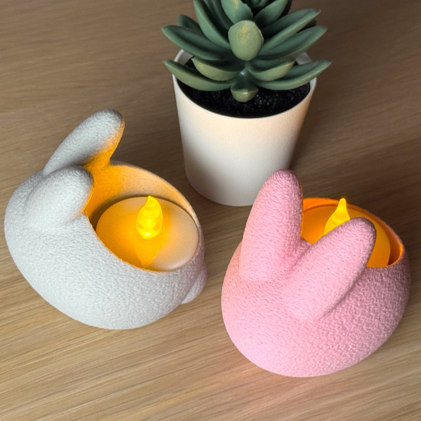 Bunny Tealight Candle Holder Set - Pastel Pink & Grey